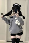 Gri Kawai Cat Harjauku Y2K Uzun Kollu Off Shoulder