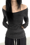 Gri Madonna Yaka Siyah Şeritli Uzun Kollu Crop