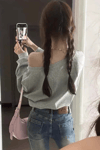 Gri Melanj Omuz Daekolteli Y2K Uzun Kollu Crop