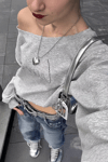 Gri Melanj Omuz Daekolteli Y2K Uzun Kollu Crop
