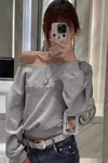 Gri Melanj Omuz Daekolteli Y2K Uzun Kollu Crop