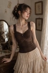 Kahverengi Dantel Detaylı Fiyonklu Vintage Y2K Askılı Crop
