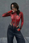 Kırrmızı Spider Flame Baskılı Cosplay Y2K Uzun Kollu Çıtçıtlı Body