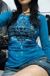 Mavi Gotik Rose Harajuku Y2K Uzun Kollu Crop