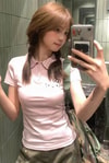 Pembe Ekose Polo Yaka Hello Kitty Y2K Kısa Kollu Crop