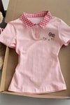 Pembe Ekose Polo Yaka Hello Kitty Y2K Kısa Kollu Crop