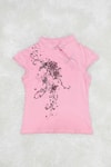 Pembe Mandarin Yaka Çiçekli Qipao Vintage Y2K Kısa Kollu Crop