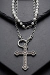 Silver İnci Şeritli Cross Diken Detaylı  Gotik Kolye
