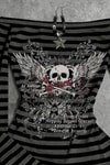 Siyah Antrasit Çizgili Gotik Skull Rose Omuz Dekolteli Y2K Uzun Kollu Crop