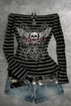 Siyah Antrasit Çizgili Gotik Skull Rose Omuz Dekolteli Y2K Uzun Kollu Crop