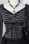 Siyah Antrasit Çizgili Grunge Fiyonklu Dantelli Y2K Uzun Kollu Crop