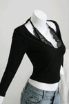 Siyah Bağlamalı Dantelli Ekli Gotik Y2K Uzun Kollu Crop 