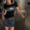 Siyah Black Widow Omuzu Açık Spider Kısa Kollu Crop
