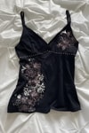 Siyah Boncuklu Floral Desenli Vintage Y2K Askılı Crop