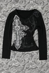 Siyah Cross Motifli Gotik Y2K Uzun Kollu Crop