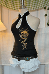 Siyah Dragon Embroidered Keyhole Harajuku Asian Y2K Askılı Crop 