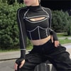 Siyah Göğüs Dekolteli Beyaz Dikişli Uzun Kollu Crop 