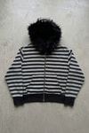 Siyah Gri Çizgili Kürklü Kapüşonlu Unisex Hırka