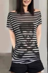 Siyah Gri Şeritli Skull Bones Düşük Omuz Kısa Kol T-shirt