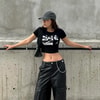 Siyah Harajuku Fashion Horror Collage Kısa Kollu Crop