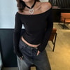 Siyah Madonna Yaka  Uzun Kollu Crop Bluz