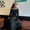 Siyah Madonna Yaka  Uzun Kollu Crop Bluz