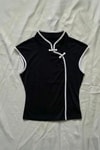Siyah Mandarin Yaka Beyaz Şeritli Qipao Y2K Kısa Kollu Crop
