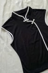 Siyah Mandarin Yaka Beyaz Şeritli Qipao Y2K Kısa Kollu Crop
