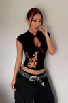 Siyah Mandarin Yaka Ejderha Motifli Vintage Qipao Y2K Kısa Kollu Crop