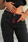 Siyah Nakışlı Skeleton Heaven Can Wait Streetwear Jean Pantolon