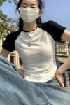 Siyah Raglan Kollu Beyaz Basic Kısa Kollu Crop