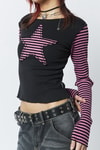 Siyah Raglan Pembe Star Uzun Kollu Crop