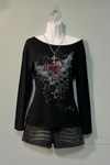 Siyah Rose Red Heart Gotik Y2K Uzun Kollu Crop