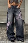 Siyah Sakura Taşlamalı Y2K Unisex Baggy Pantolon