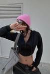 Siyah Şeritli Crop Top Fermuarlı Kapüşonlu Sweatshirt