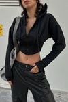 Siyah Şeritli Crop Top Fermuarlı Kapüşonlu Sweatshirt
