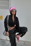 Siyah Şeritli Crop Top Fermuarlı Kapüşonlu Sweatshirt