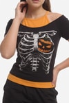 Siyah Skeleton Pumpkin Ekli Gotik Halloween Y2K Kısa Kollu Crop