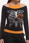 Siyah Skeleton Pumpkin Ekli Gotik Halloween Y2K Uzun Kollu Crop