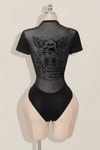 Siyah Skull Ambition Gotik Rose Transparan Kısa Kollu Çıtçıtlı Body