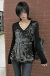 Siyah Skull Motifli Gotik Grunge Y2K Uzun Kollu Crop