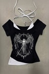 Siyah Sword Warriror Angel Madonna Yaka Ek Askılı Full Body Y2K Kısa Kollu Crop