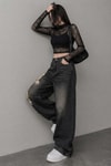 Siyah Taşlamalı Fish Skeleton Gotik Y2K Unisex Baggy Pantolon