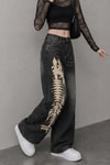 Siyah Taşlamalı Fish Skeleton Gotik Y2K Unisex Baggy Pantolon