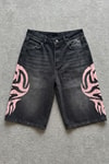 Siyah Taşlamalı Pembe Tribal Baskılı Y2K Unisex Baggy Şort