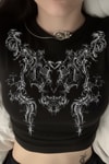 Siyah Tribal Baskılı Gotik Y2K Kısa Kollu Crop 