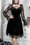 Siyah Vintage Gotik Dantel Kollu Fiyonklu Kadife Elbise