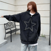 Siyah Vintage Star Fermuarlı Kapüşonlu Sweatshirt