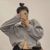Yakalı Gri Melanj Basic Fermuarlı Crop Hırka 