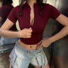Yeni Düz Bordo Balıkçı Yaka Yarım Fermuarlı Kısa Kollu Crop